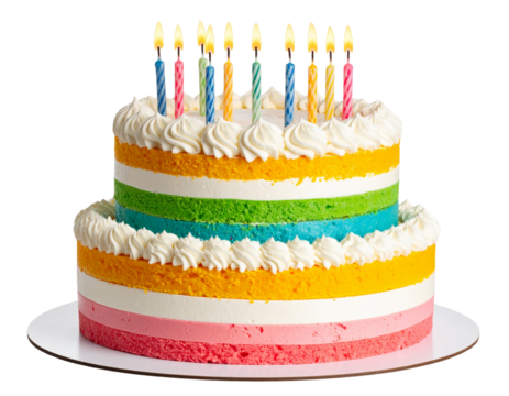 Colorful Birthday Cake with Candles, Front View, Isolated on Transparent Background - Powered by Adobe