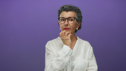 Woman with grey hair and glasses in white blouse thinking against a vibrant purple background, suggesting contemplation and wisdom in a modern studio setting.