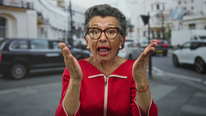 Senior woman with grey hair and glasses wearing a red dress is expressive and vocal in an urban...