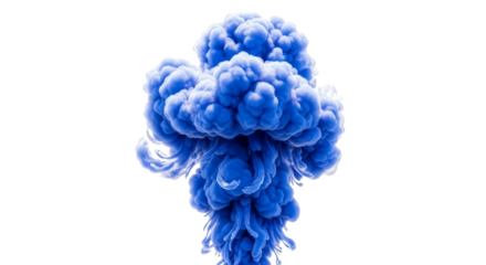 Vibrant blue ink cloud exploding upwards in a dynamic abstract form isolated on transparent background