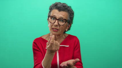 Elderly woman with grey hair in red shirt gesturing for money against a green background, conveying...