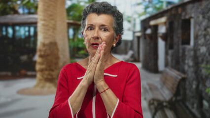 Senior woman with grey hair in red clothes looking nervous on a quaint old town street with stone walls and benches in an urban outdoor setting.