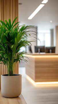 Indoor green areca palm plant near a wooden reception desk in office
