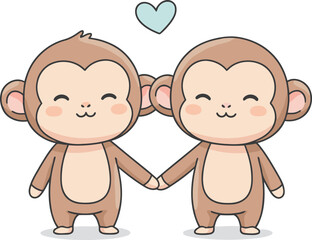 Cute cartoon monkeys holding hands with a heart above them