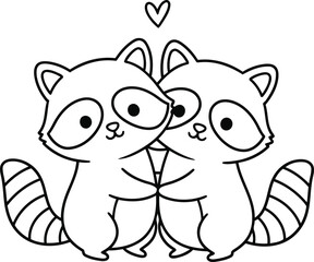 Cute raccoons hugging with heart above them
