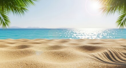 Fototapeta premium A pristine tropical beach scene with golden sand in the foreground, turquoise ocean water sparkling under a bright sunny sky, framed by lush green palm leaves