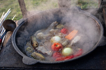 A steaming cast-iron pot filled with simmering meat, onions, carrots, tomatoes, and broth cooks outdoors over an open flame
