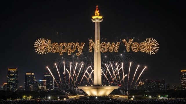 Happy New Year 2026. Spectacular fireworks and drone show featuring Garuda Pancasila (Indonesian national emblem) over the Monas monument in Jakarta, Indonesia.