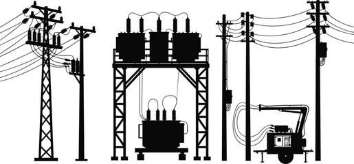 Electrical power distribution silhouette vector illustration, utility poles with insulators, large transformer uni
