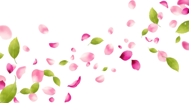 Pink flower petals and green leaves falling