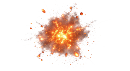 Fiery orange and yellow explosion with sparks and smoke isolated on transparent background