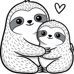 Adorable mother and baby sloth hugging with a heart symbol
