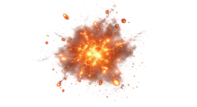 Fiery orange and yellow explosion with sparks and smoke isolated on transparent background