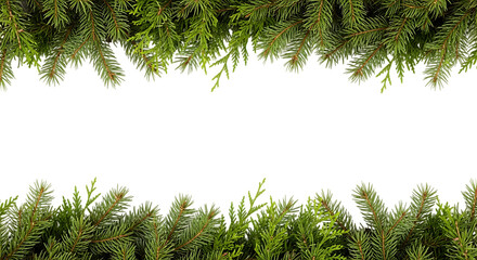 Green evergreen branches frame empty black space