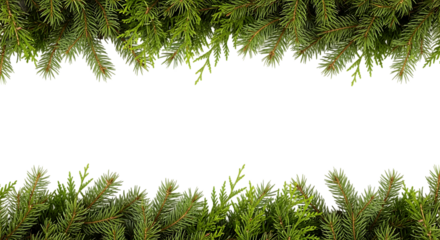 Green evergreen branches frame empty black space