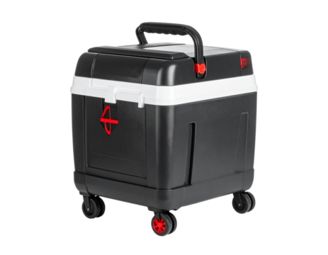 Compact Modern Beach Cooler with Wheels and Handle, Front View, Isolated on White