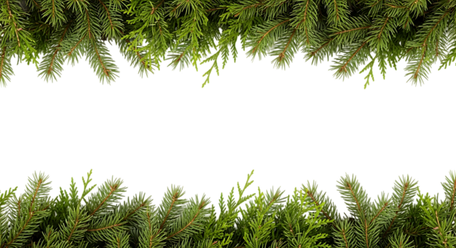 Green evergreen branches frame empty black space