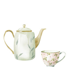 Watercolor Teapot and Floral Teacup PNG