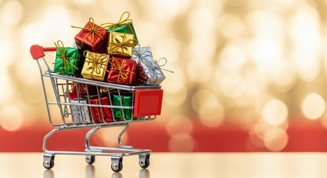 Festive Holiday Shopping Cart Overflowing with Gifts, Holiday shopping, Christmas gifts, miniature shopping cart, retail, sale, presents, gift boxes, consumerism, commerce, winter holidays, New Year - Powered by Adobe