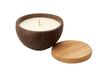Handmade coconut shell candle with wood lid and transparent background