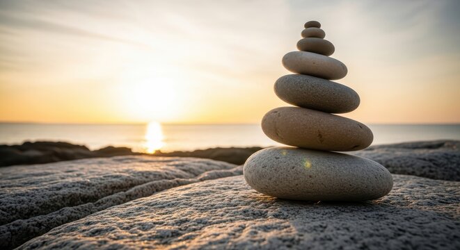 Zen balance of stacked stones on a rocky shore at sunrise, with the sun reflecting on the calm ocean water and a warm golden sky