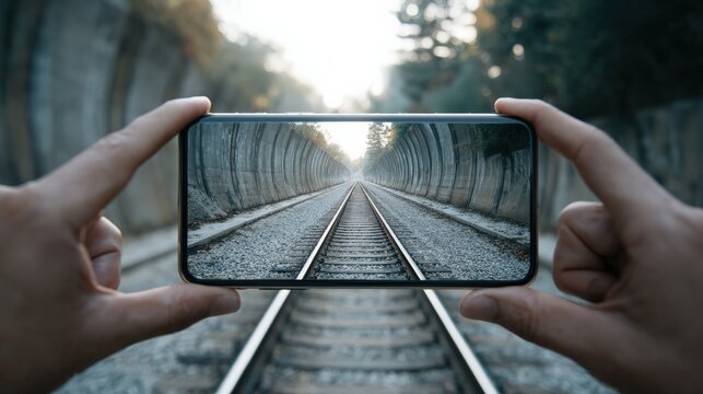 A close-up shot capturing a smartphone screen displaying a tunnel and railway tracks, held by two hands, merging technology and travel. ..Created with Generative AI, not depicting real subjects.