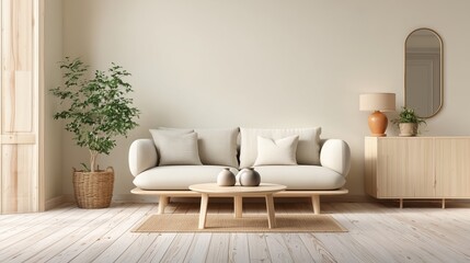 Fototapeta premium A serene and elegantly minimalist living room interior, showcasing a harmonious blend of natural textures and a neutral color palette. 