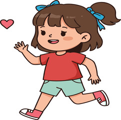 Cute little girl running happily with heart symbol, cheerful child character illustration, playful kid wearing red shirt cartoon vector