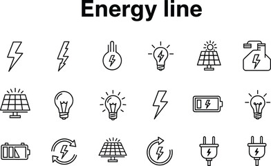 Energy and electricity line icons set with lightning bolts, solar panels, batteries, plugs, recycling symbols, vector illustration for renewable power industry stock content