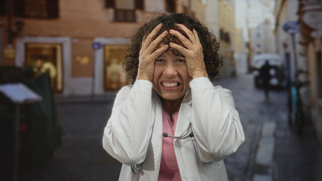 Middle age hispanic woman wearing white coat and stethoscope raises clenched fists on sunlit cobblestone street; excitement.