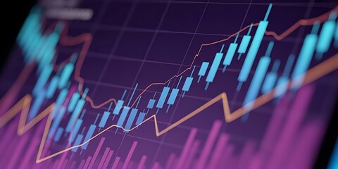 Financial graph with up trend line candlestick chart in stock market on neon color Widescreen background..