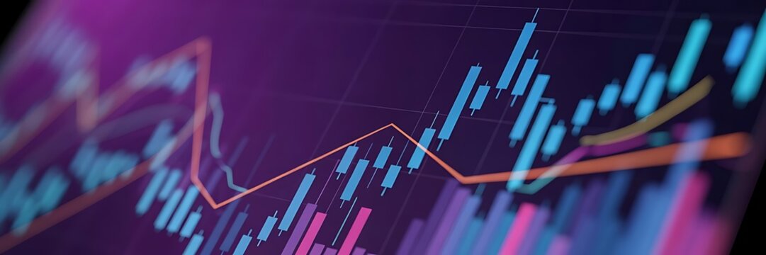 Financial graph with up trend line candlestick chart in stock market on neon color Widescreen background.. - Powered by Adobe