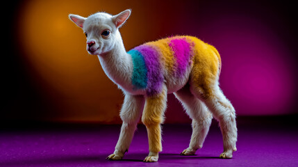 Obraz premium A colorful multicolored llama standing on a purple background