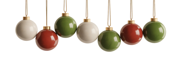 Christmas ornaments in red, green, and white isolated on transparent background, holiday decor