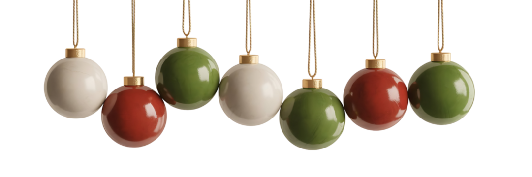 Christmas ornaments in red, green, and white isolated on transparent background, holiday decor