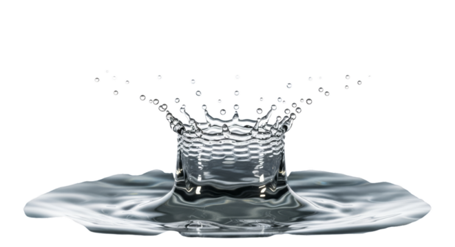 Captivating high speed photograph of a water splash forming a crown shape isolated on transparent background