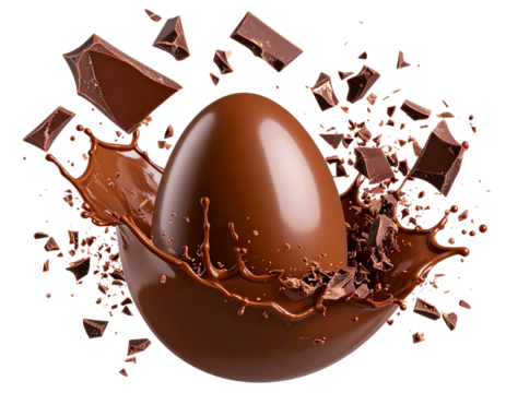  Cracked Chocolate Egg Exploding with Splash and Shards, Dynamic Front Angle, Isolated PNG