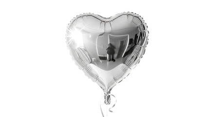 A shiny silver heart shaped balloon with delicate strings attached isolated on transparent background