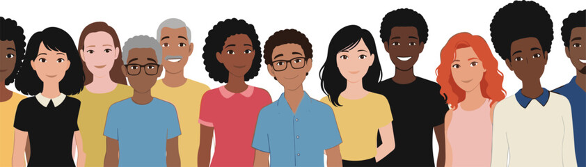 Diverse group illustration of happy people standing together, multicultural community portrait showing unity, inclusion and friendly social connection