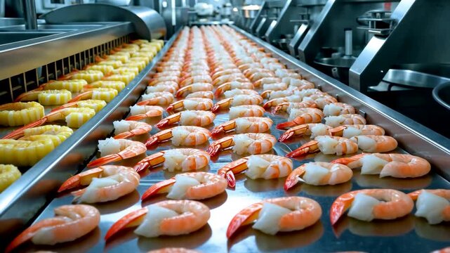 Automated food processing line with shrimp arranged on conveyor belt inside factory