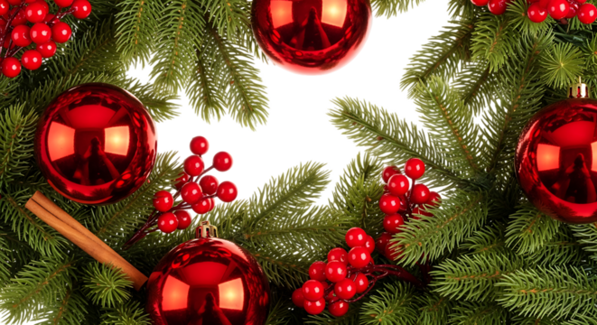 Festive red ornaments and berries on christmas tree