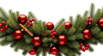 Festive christmas garland with red ornaments and cinnamon