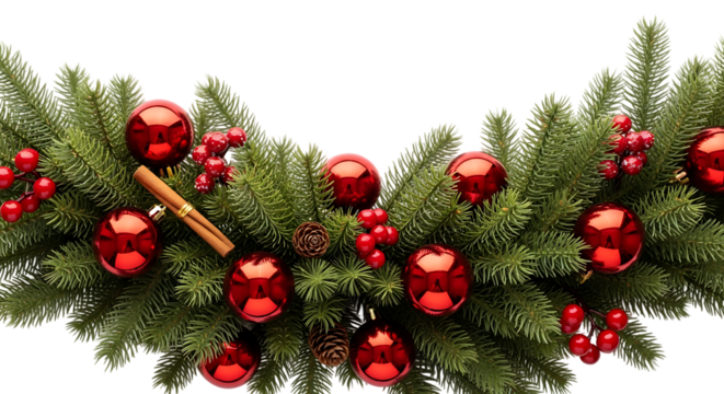 Festive christmas garland with red ornaments and cinnamon
