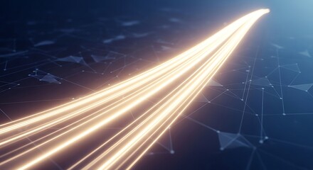 Dynamic golden light streaks race through dark digital network creating abstract sense of rapid technological advancement and future growth