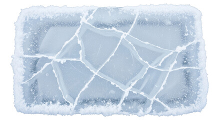 A rectangular block of clear ice with intricate white cracks and frosty edges isolated on transparent background