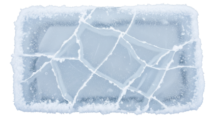 A rectangular block of clear ice with intricate white cracks and frosty edges isolated on transparent background