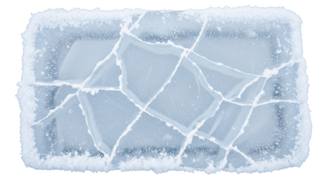 A rectangular block of clear ice with intricate white cracks and frosty edges isolated on transparent background - Powered by Adobe