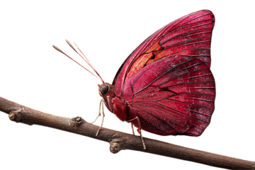  Crimson Rose Butterfly Perched on a Thin Twig, Side Profile View with Shadowed Wings, Isolated on Transparent Background