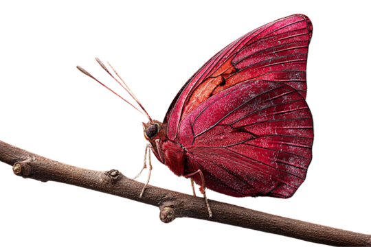 Crimson Rose Butterfly Perched on a Thin Twig, Side Profile View with Shadowed Wings, Isolated on Transparent Background