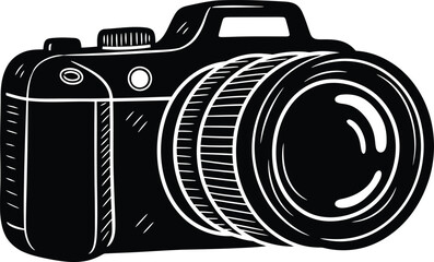 Doodle camera icon, hand-drawn solid black on white, large lens